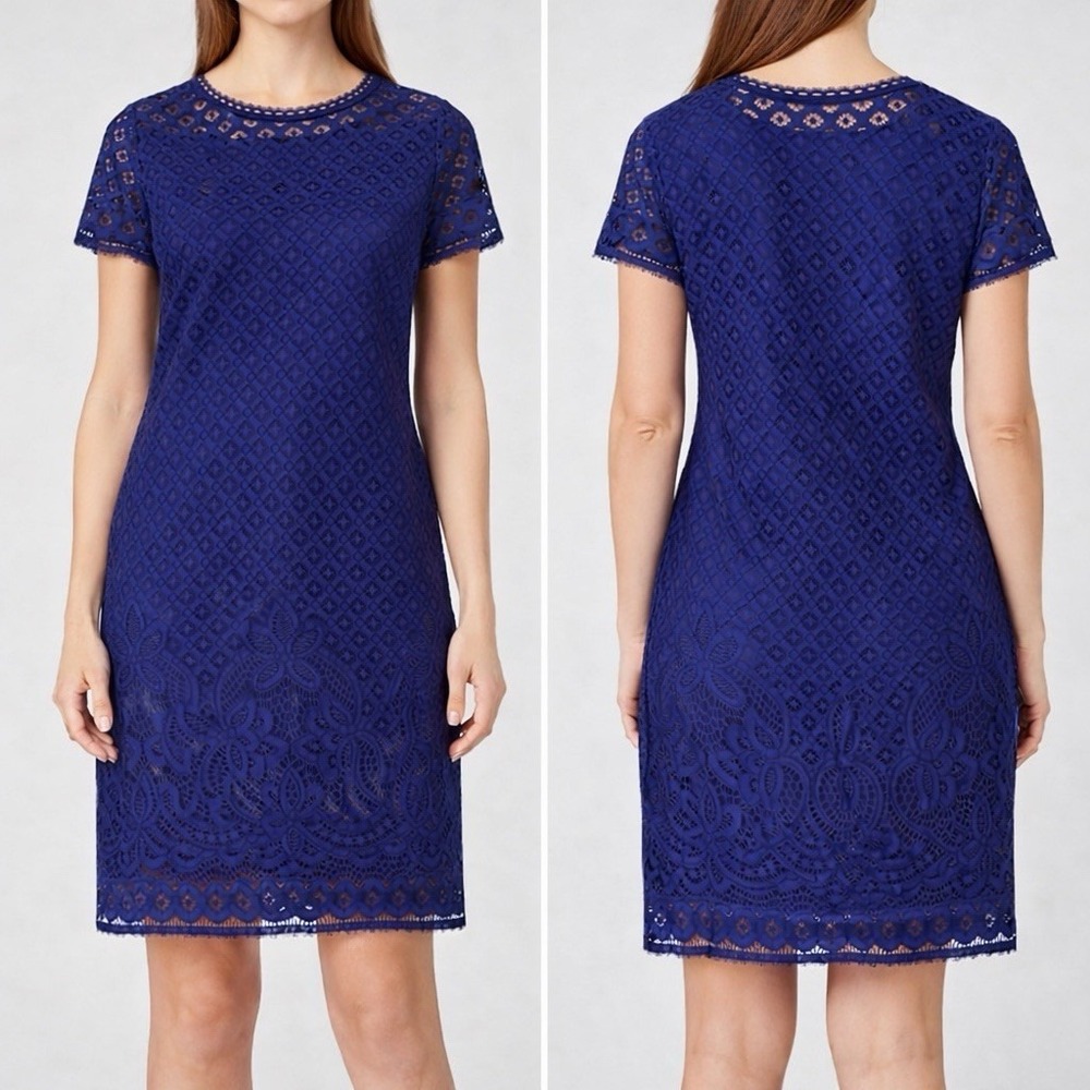Isaac Mizrahi Dress Womens Size M Lace‎ Overlay Navy Blue Short Sleeve Pullover